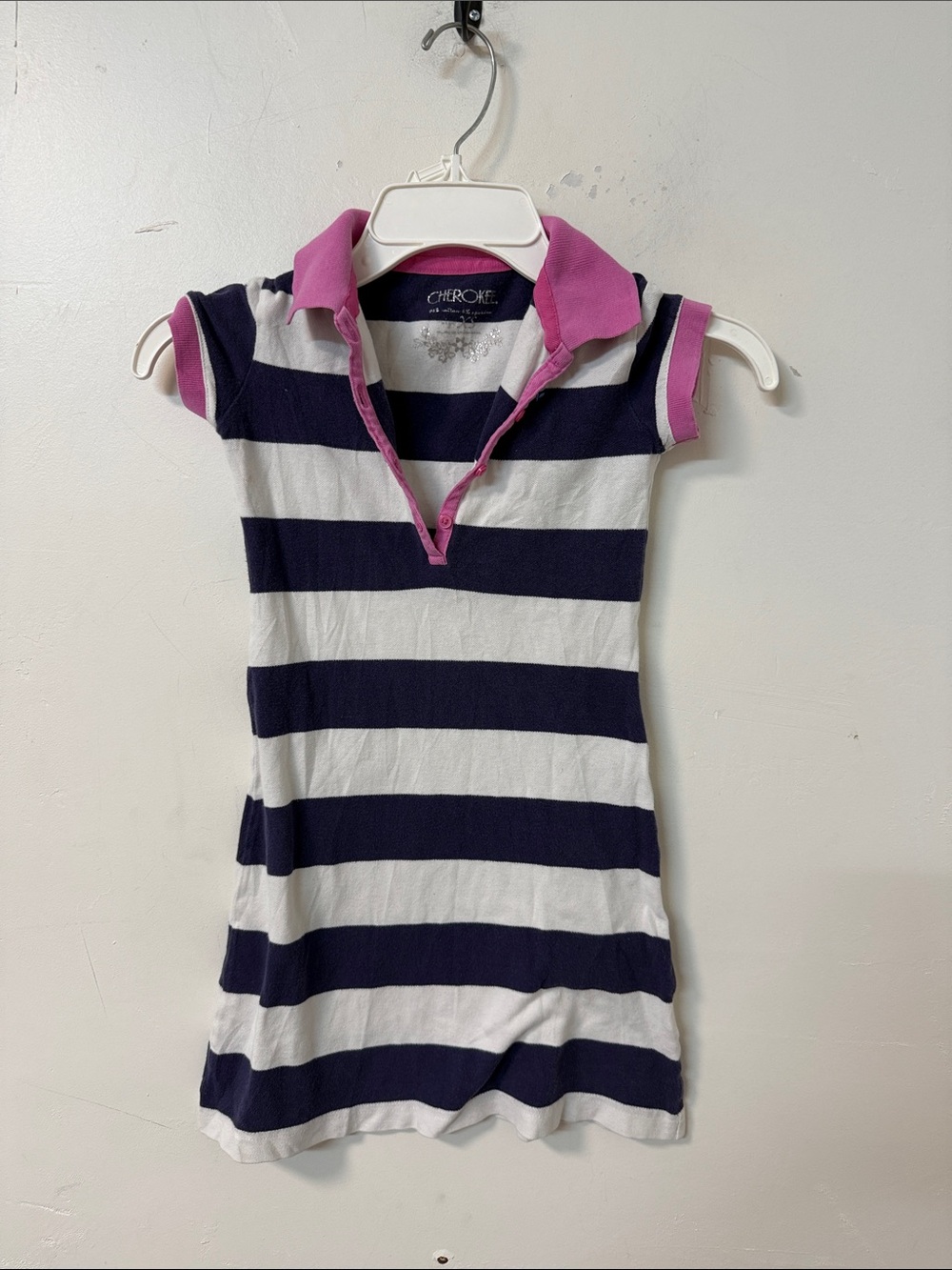 Cherokee Navy and White Striped Polo Dress with Pink Trim Y2K